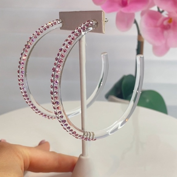 Large Oversized Clear Acrylic Hoop Earrings with Pink Swarovski Crystals - Picture 11 of 14